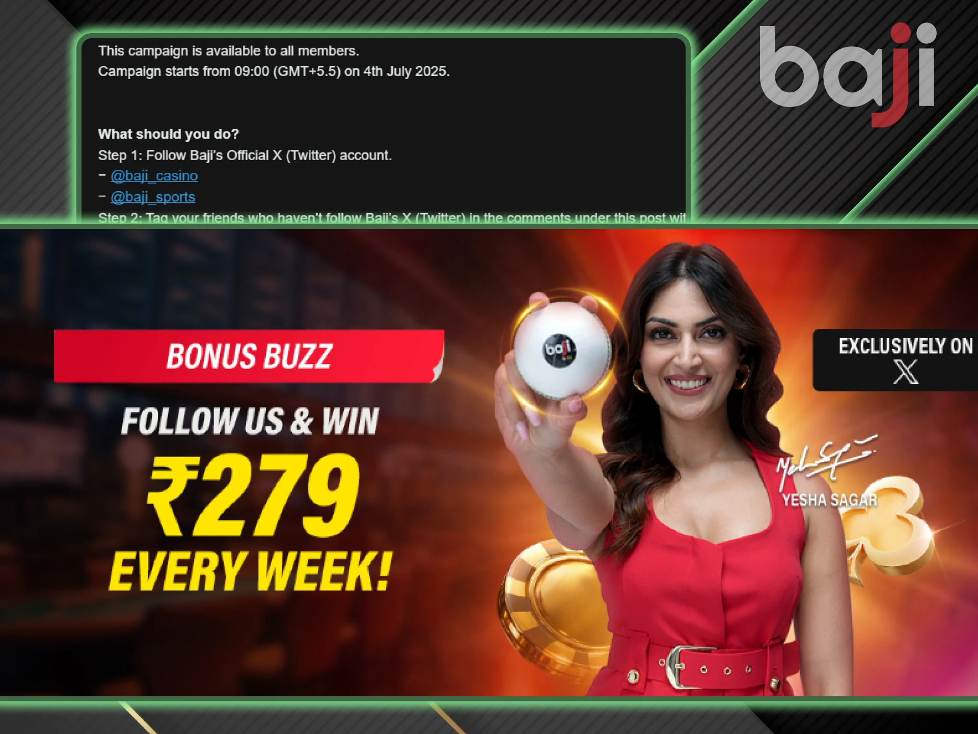 Subscribing to Twitter gives you a bonus from Baji.