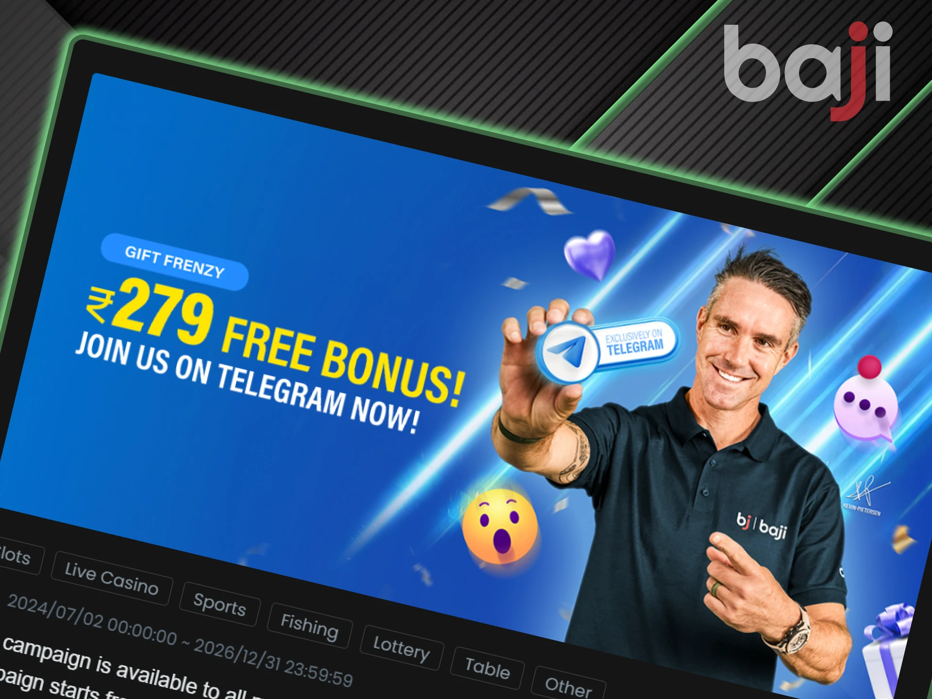 Telegram channel Baji gives a gift bonus to new users.