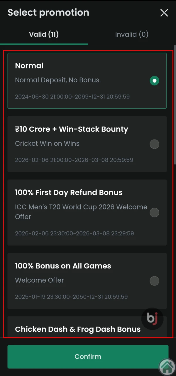 Choose the appropriate bonus when topping up your Baji balance.