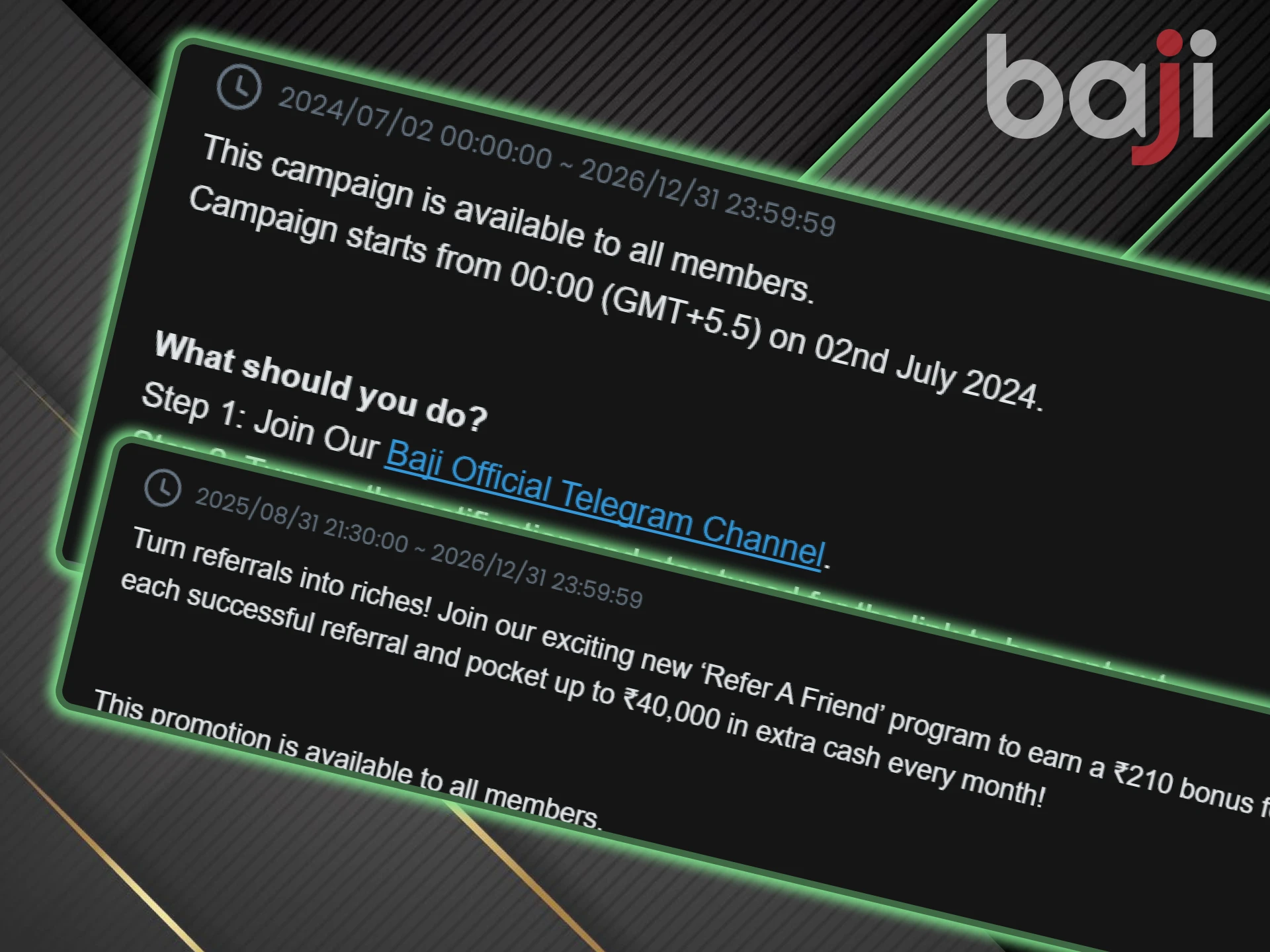 The time for promotions and bonuses on the Baji website is limited, don't miss your chance.