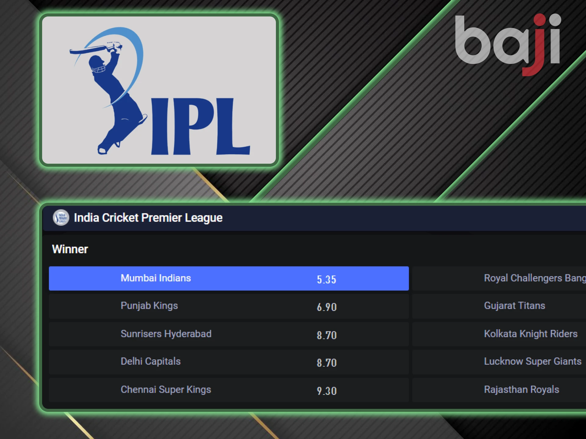 IPL events are available for betting on the Baji website.