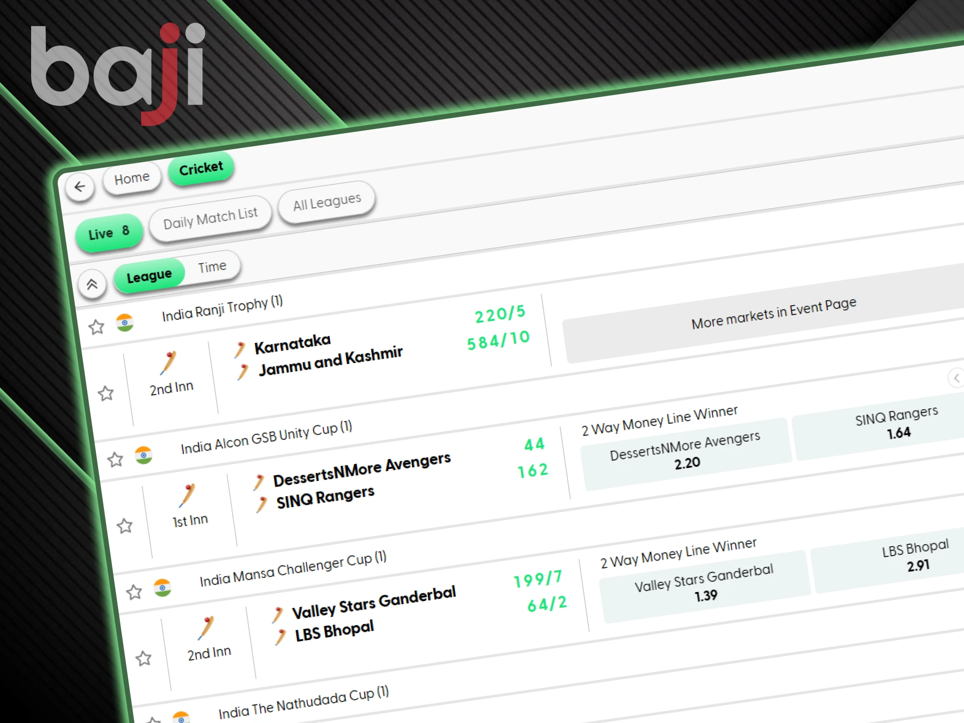 You can watch live cricket events on the Baji website.