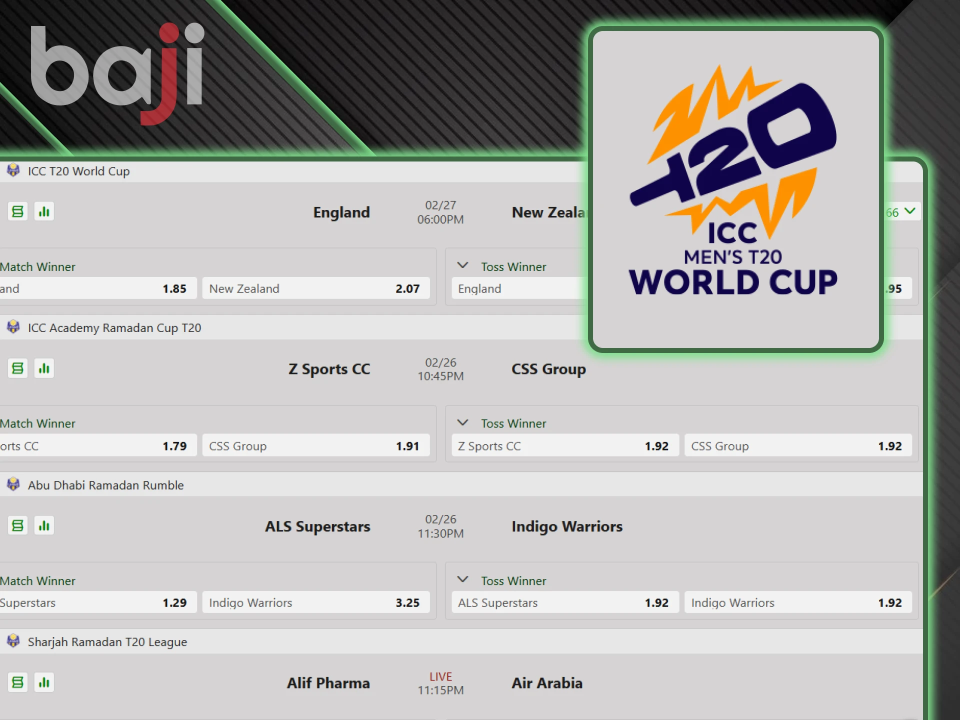 Betting on the Cricket World Cup T20 is easy with Baji.