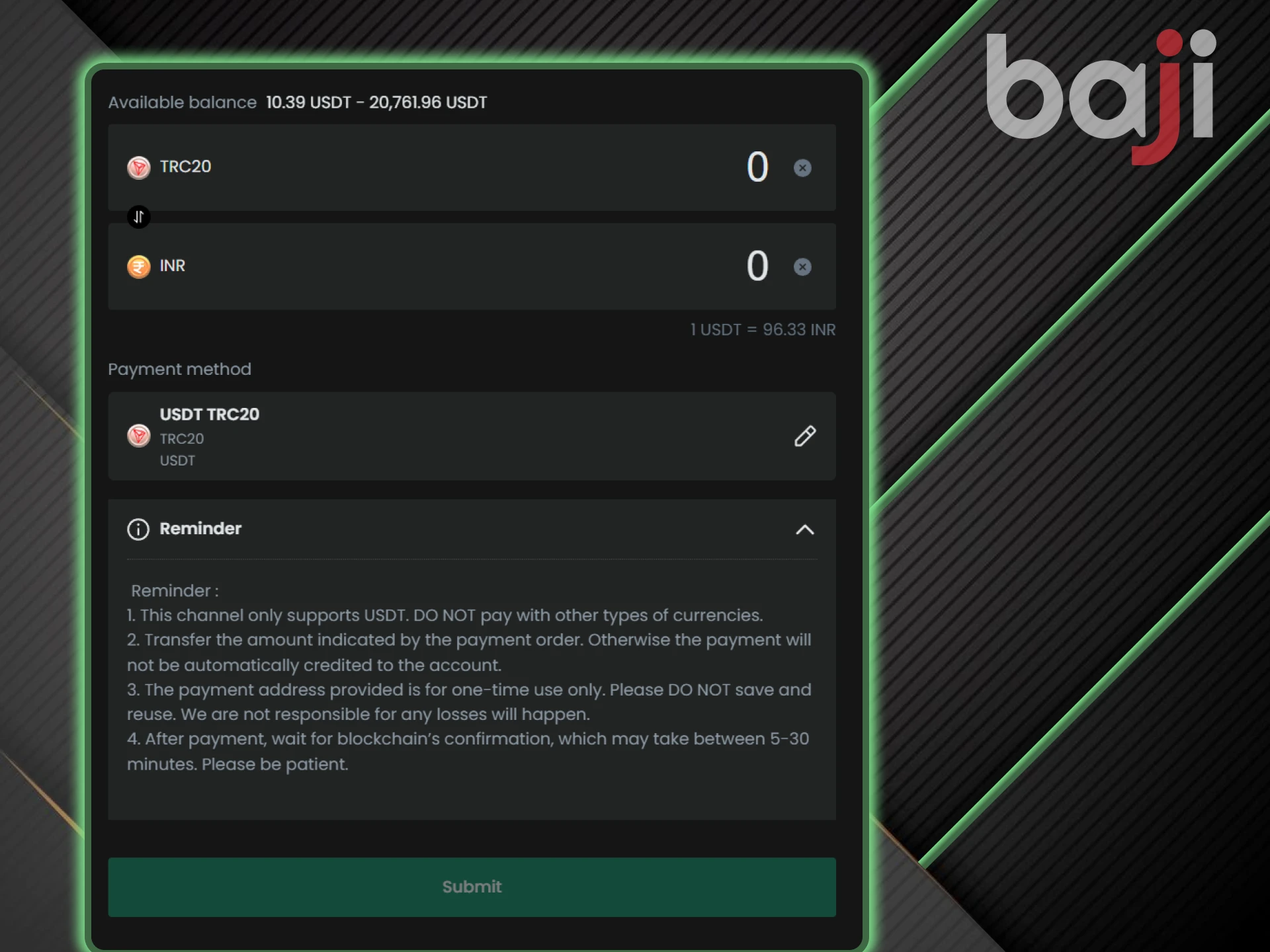Crypto payments are available for deposit on Baji.