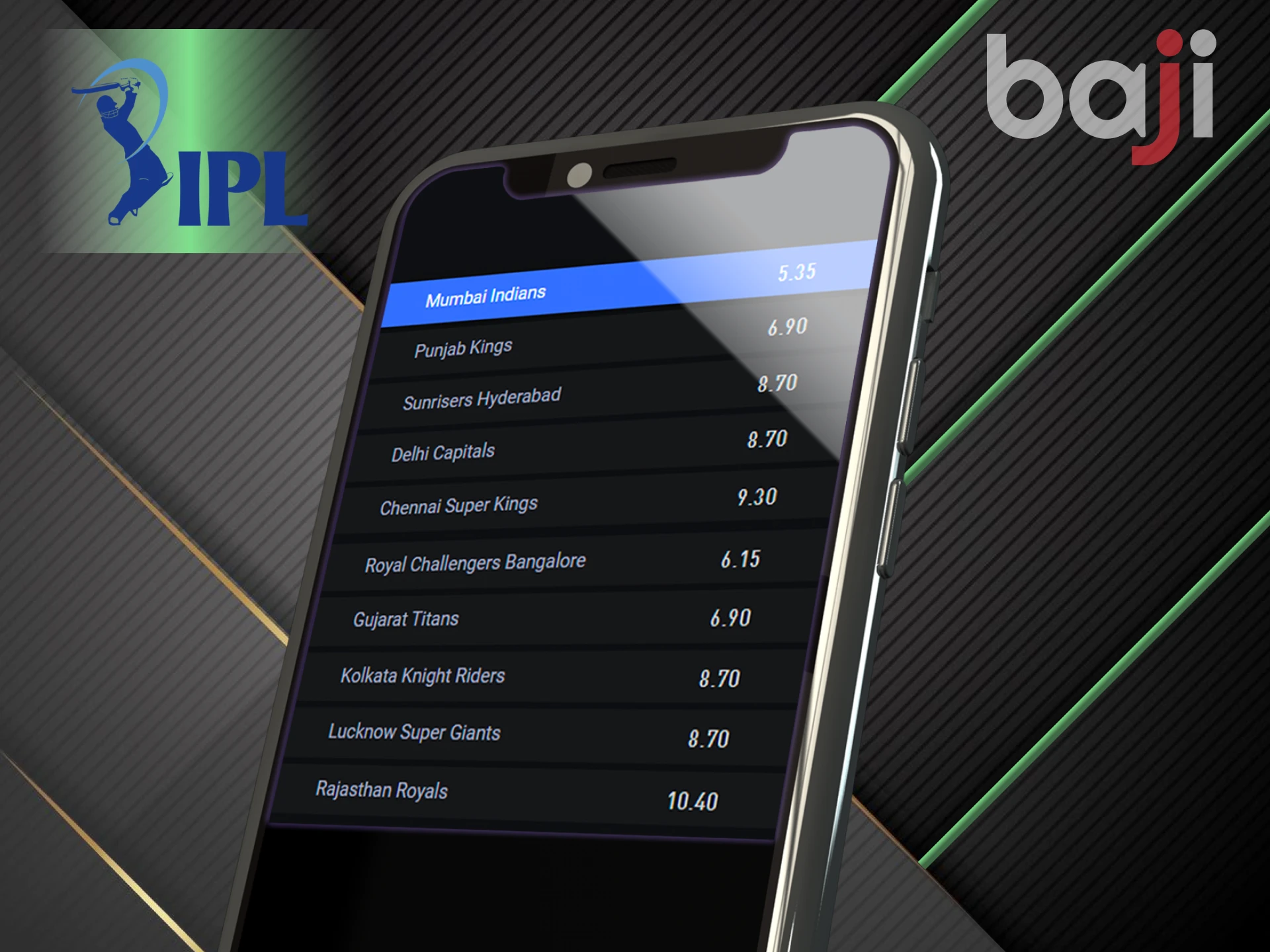 In the Baji app, you can place bets on the IPL in the cricket section.