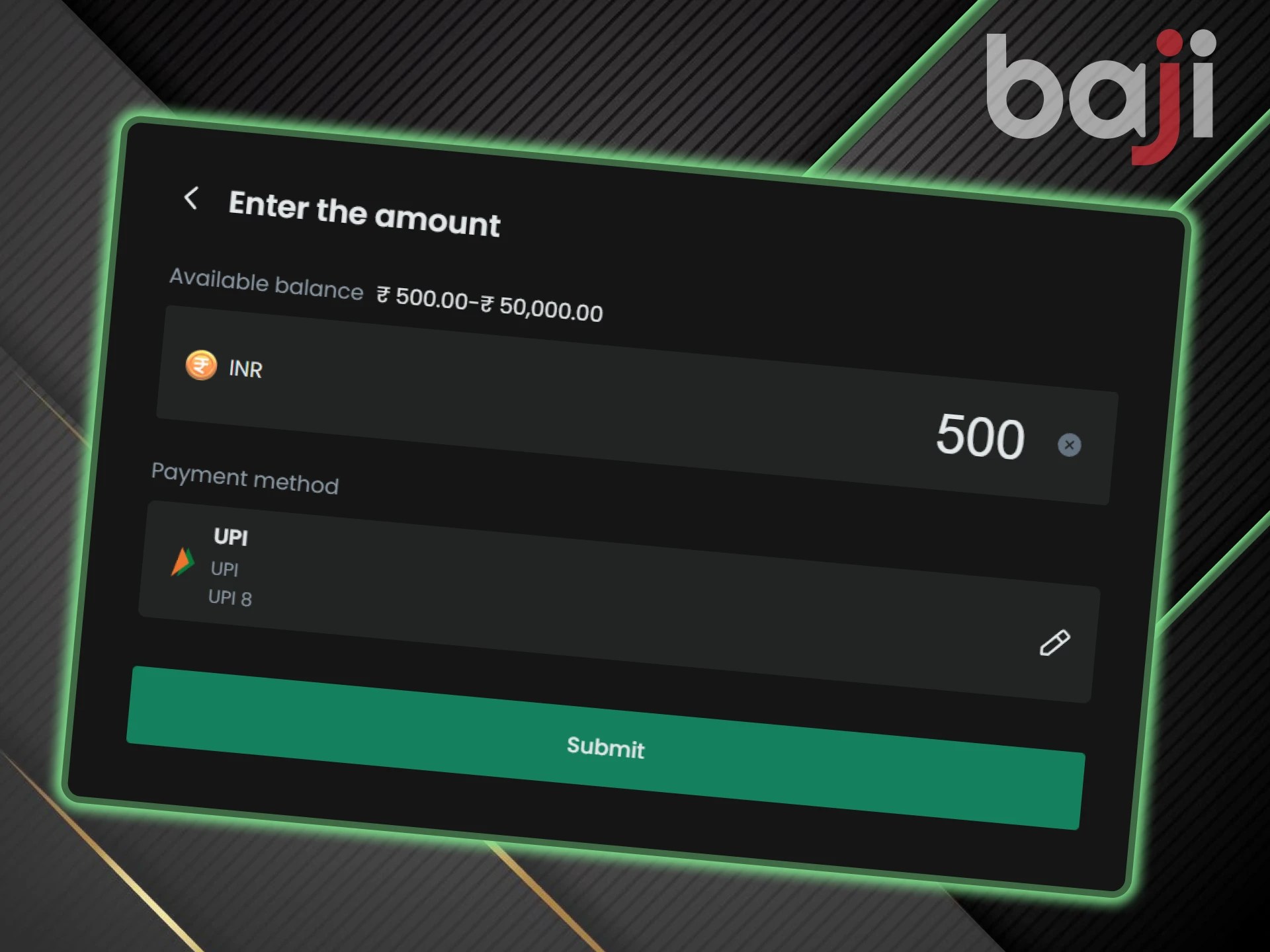 You can top up your balance on the Baji website via UPI eWallet.