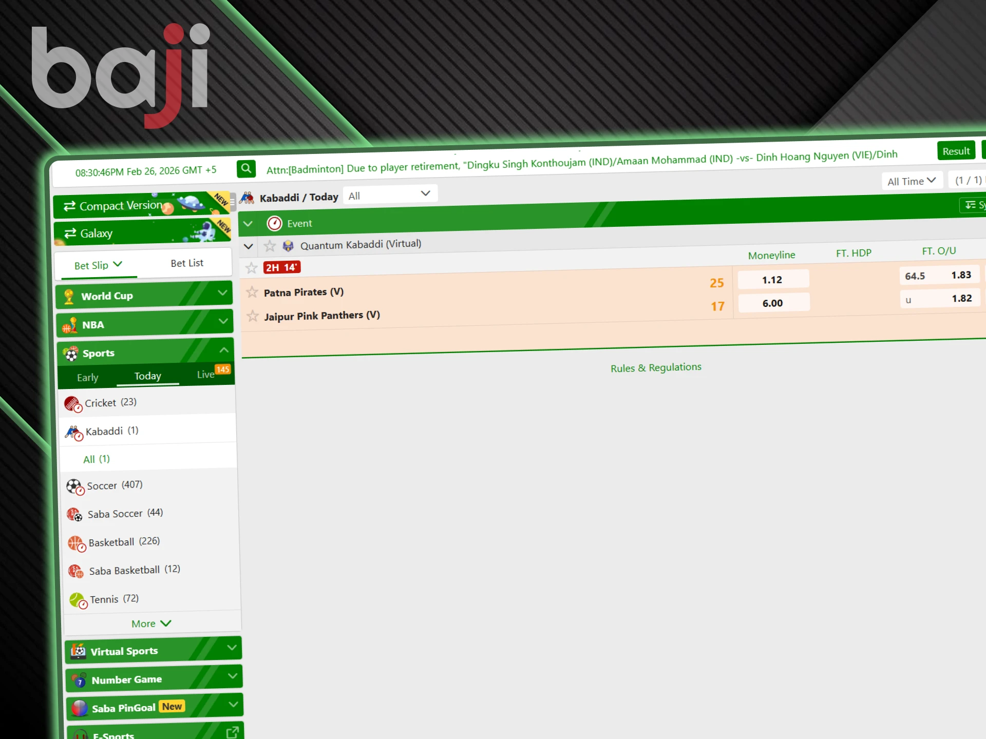 Kabaddi events are available for betting on the Baji website.