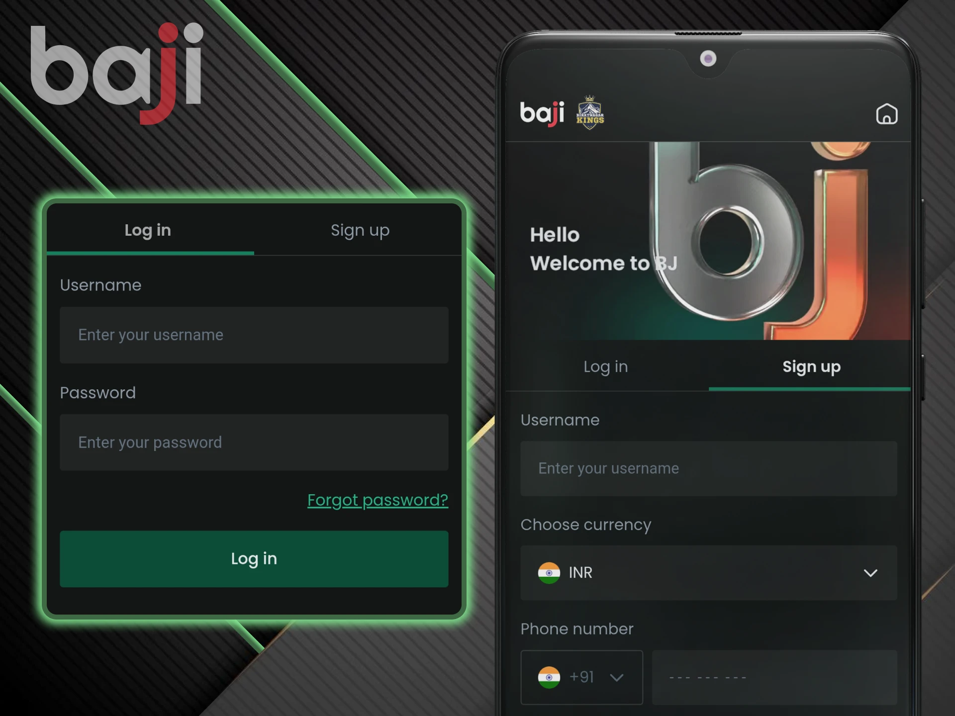 The Baji app allows you to log in to your personal account.