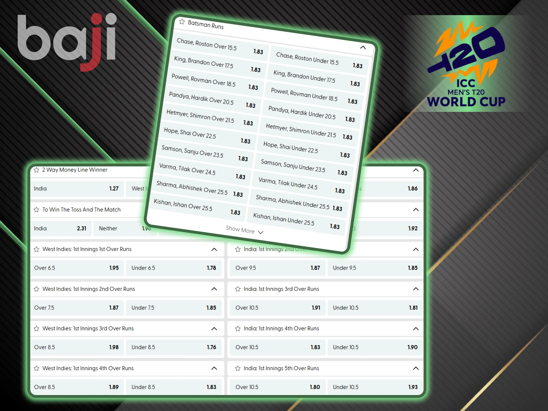 You can place a variety of bets on T20 World Cup events on the Baji website.