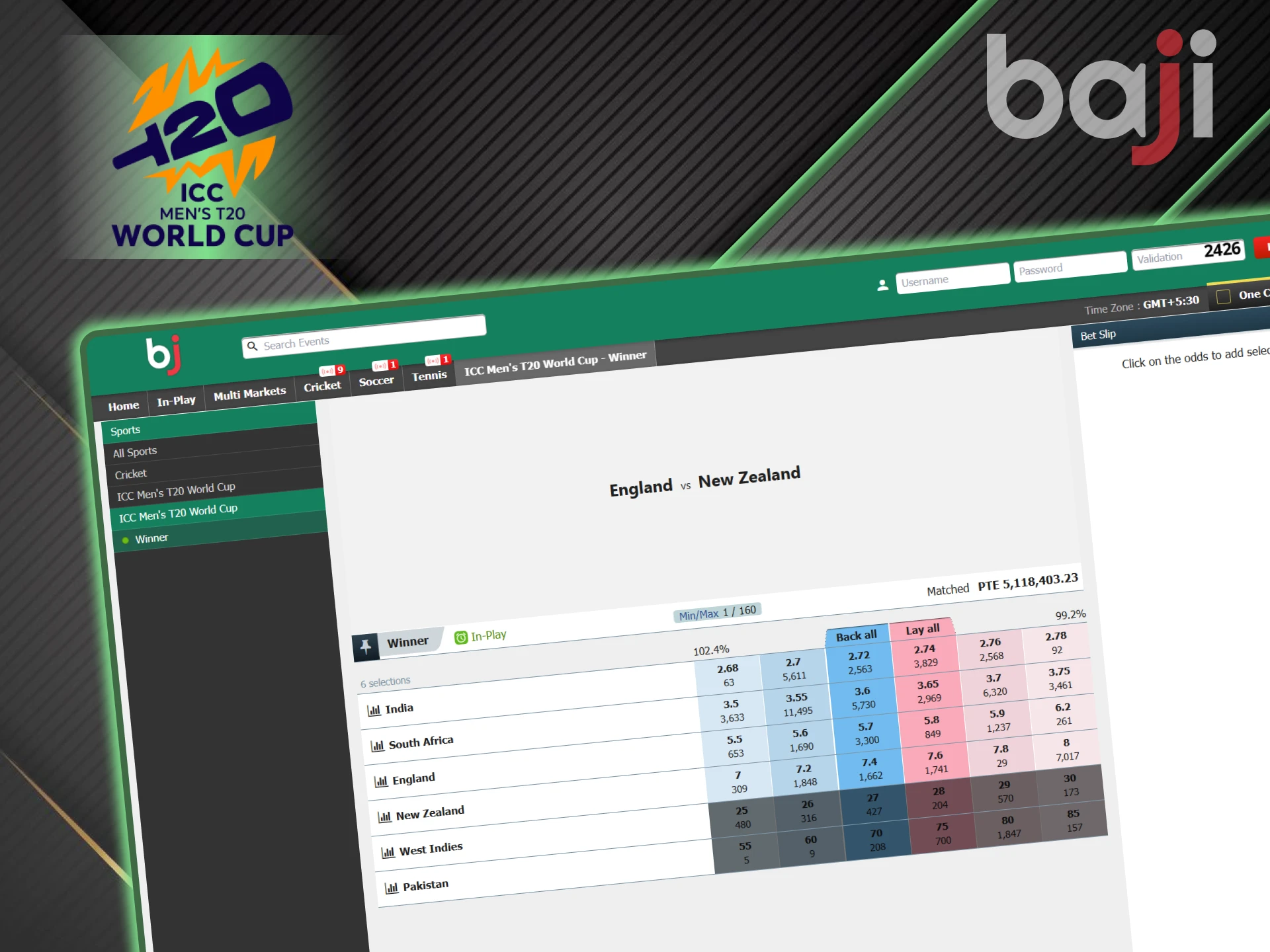 Betting against other players is available in the Exchange section for T20 World Cup events from Baji.