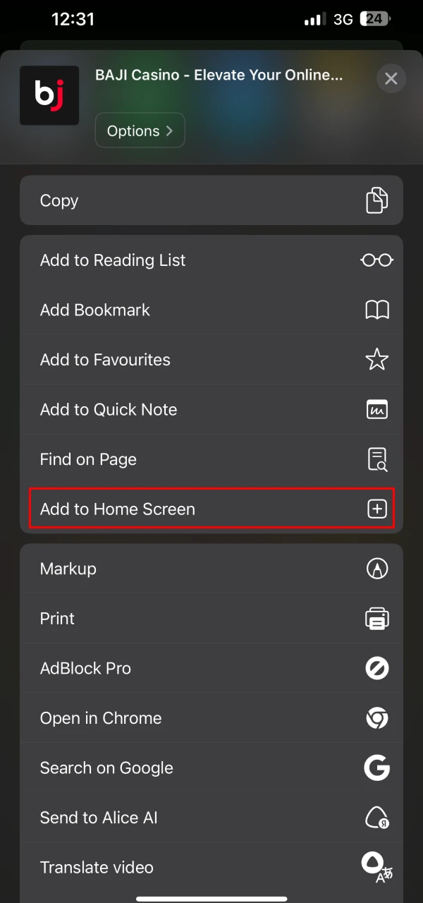 The Baji app needs to be added to the home screen of your iOS device.