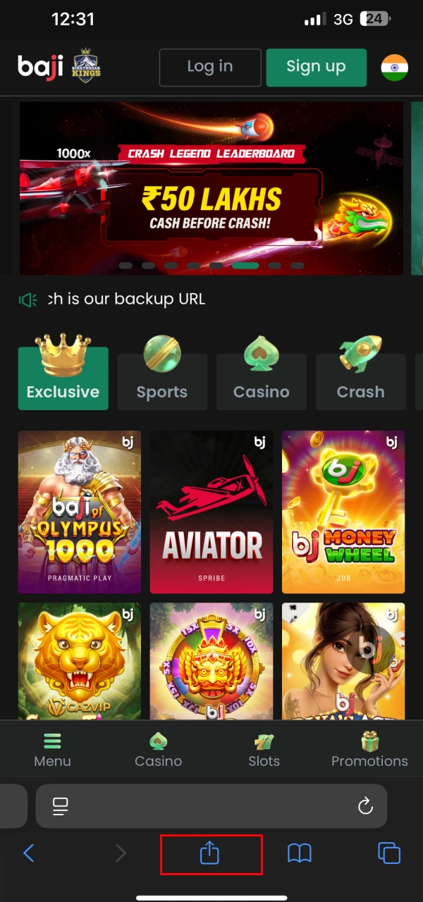 You will find the share button at the bottom of your phone screen to install the Baji app on iOS.