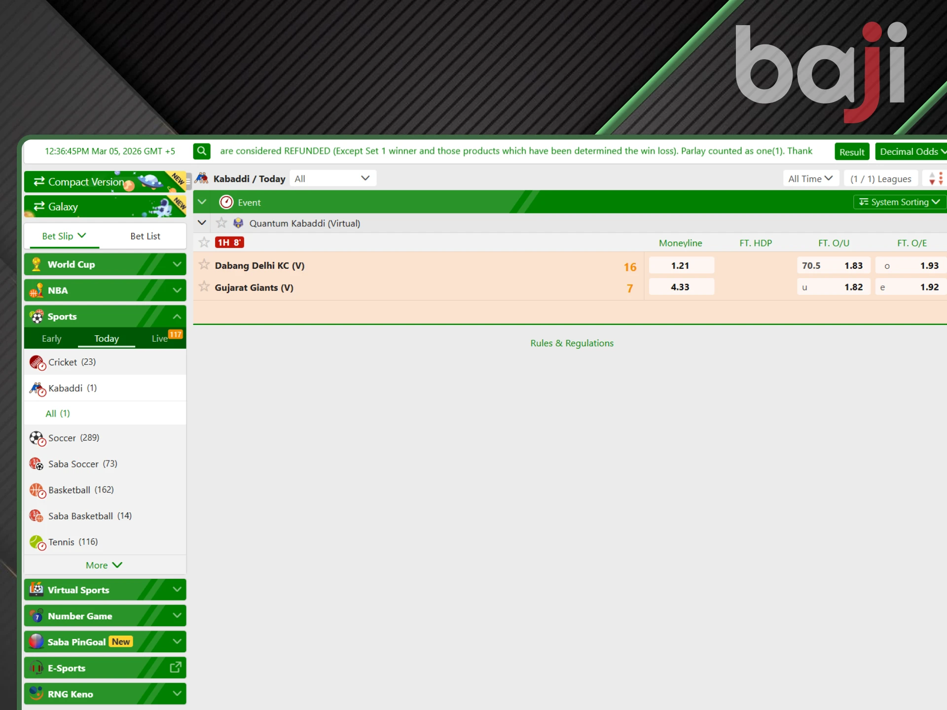 Exchange bets for kabaddi are available on the Baji website.