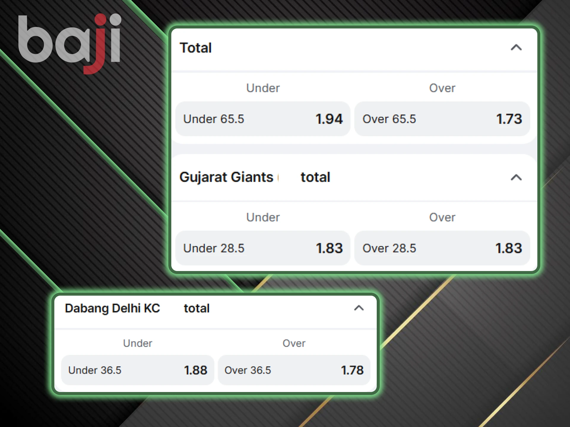 Over/Under is one of the favorite types of bets on kabaddi on the Baji website.